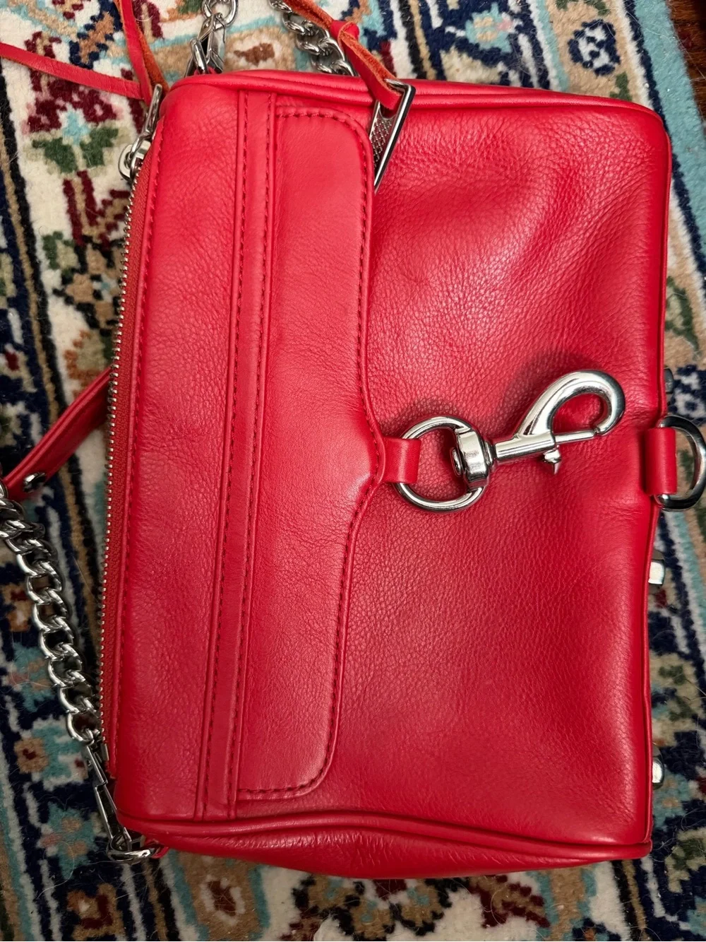 Red Leather Shoulder Bag with Silver Hardware